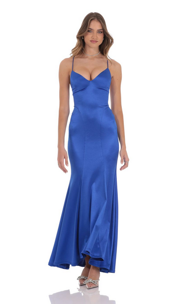 Lucy in the Sky Satin Open Back Mermaid Maxi Dress in Blue