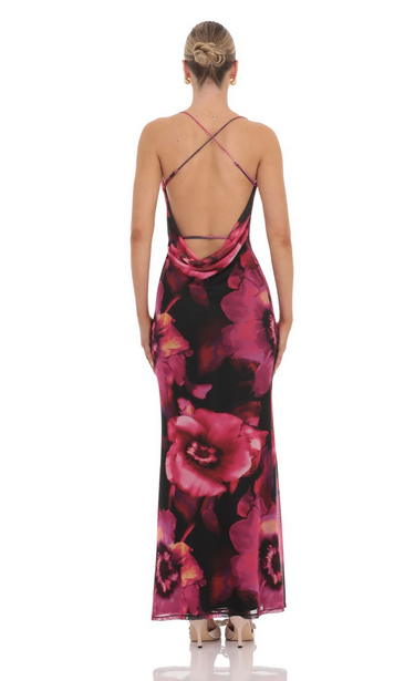 Lucy in the Sky Mesh Floral Cowl Neck Maxi Dress in Black
