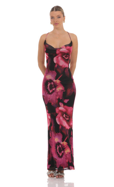 Lucy in the Sky Mesh Floral Cowl Neck Maxi Dress in Black