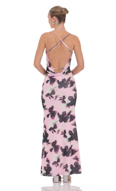 Lucy in the Sky Mesh Lilly Print Cowl Neck Maxi Dress in Pink