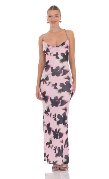 Lucy in the Sky Mesh Lilly Print Cowl Neck Maxi Dress in Pink