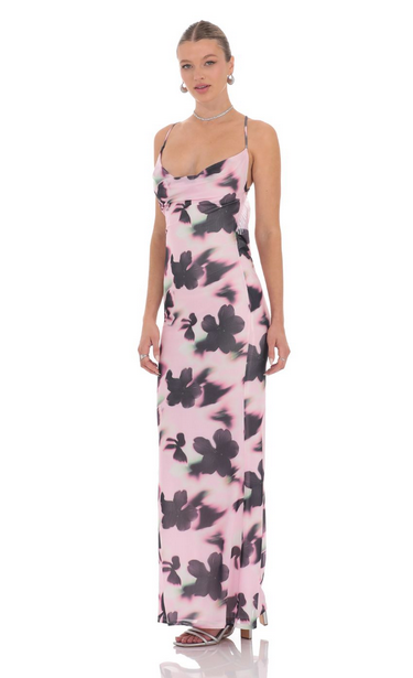 Lucy in the Sky Mesh Lilly Print Cowl Neck Maxi Dress in Pink