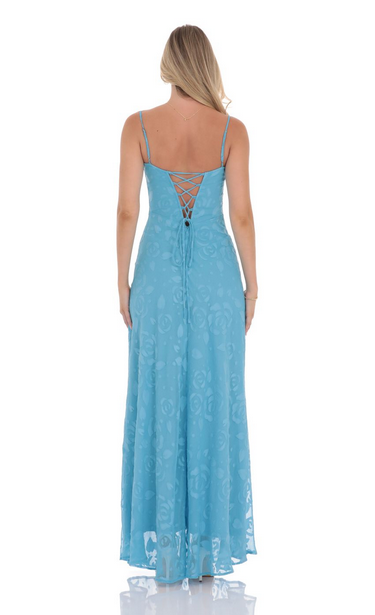 Lucy in the Sky Burnout Lace-Up Maxi Dress in Aqua