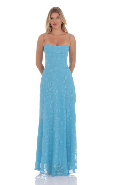 Lucy in the Sky Burnout Lace-Up Maxi Dress in Aqua