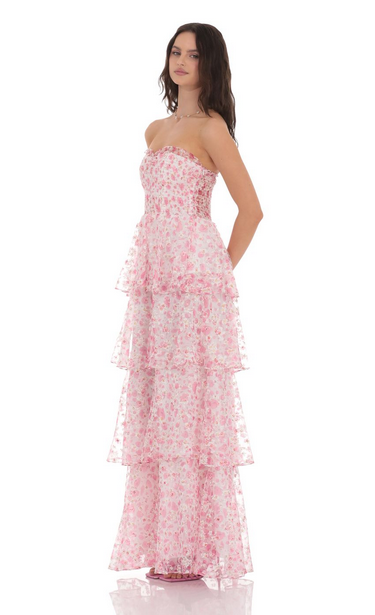 Lucy in the Sky Smocked Floral Ruffle Maxi Dress in Pink