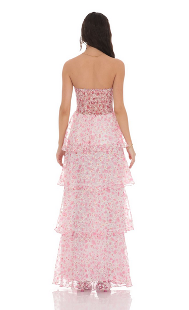 Lucy in the Sky Smocked Floral Ruffle Maxi Dress in Pink