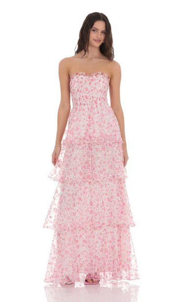 Lucy in the Sky Smocked Floral Ruffle Maxi Dress in Pink