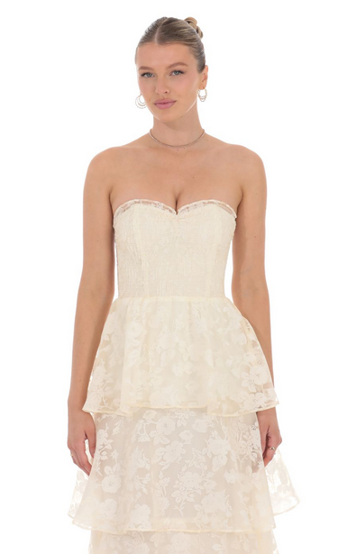 Lucy in the Sky Floral Smocked Ruffle Maxi Dress in Cream