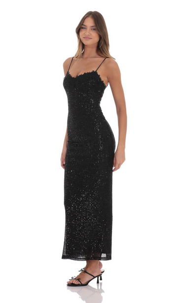 Lucy in the Sky Lace Trim Sequin Maxi Dress in Black