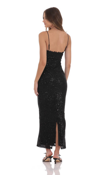 Lucy in the Sky Lace Trim Sequin Maxi Dress in Black
