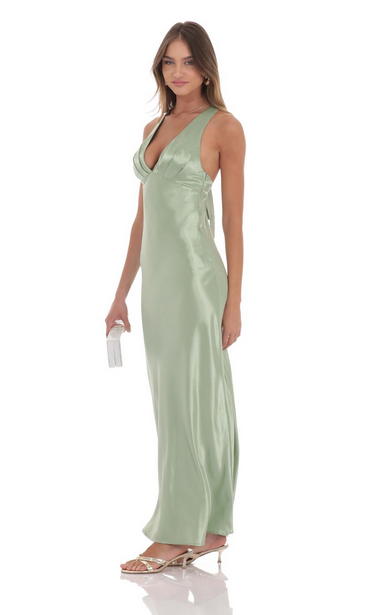 Lucy in the Sky Satin V-Neck Maxi Dress in Sage