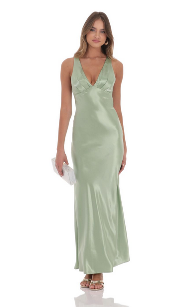 Lucy in the Sky Satin V-Neck Maxi Dress in Sage
