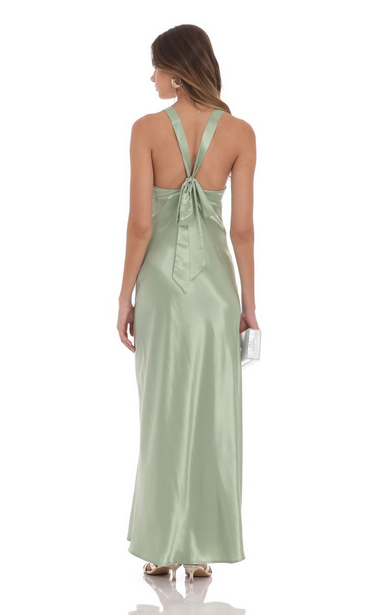 Lucy in the Sky Satin V-Neck Maxi Dress in Sage