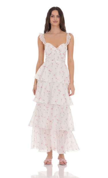 Lucy in the Sky Floral Ruffle Maxi Dress in White