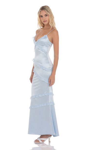 Lucy in the Sky Satin V-Neck Ruffle Mermaid Maxi Dress in Light Blue