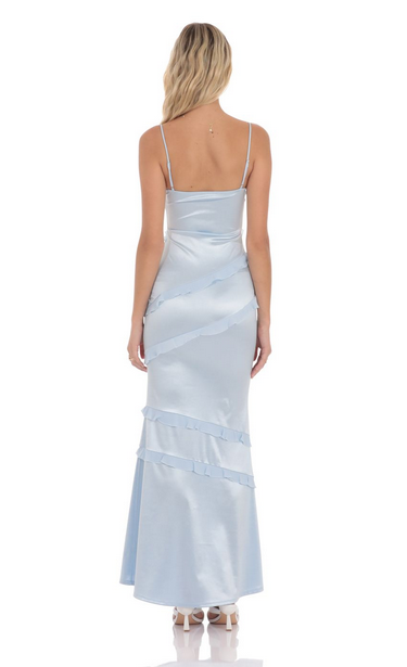 Lucy in the Sky Satin V-Neck Ruffle Mermaid Maxi Dress in Light Blue