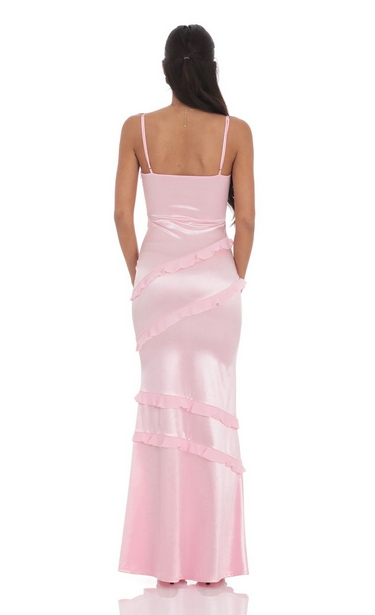 Lucy in the Sky Satin V-Neck Ruffle Mermaid Maxi Dress in Pink