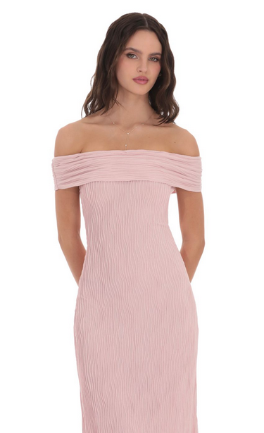 Lucy in the Sky Textured Off Shoulder Maxi Dress in Blush Pink