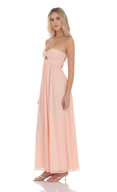 Lucy in the Sky Strapless Lace Cutout Dress in Peach