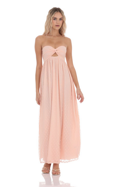 Lucy in the Sky Strapless Lace Cutout Dress in Peach