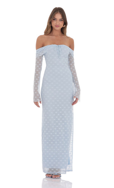 Lucy in the Sky Lace Off Shoulder Maxi Dress in Light Blue