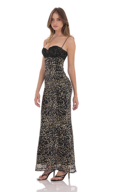 Lucy in the Sky Lace Bust Maxi Dress in Cheetah Print