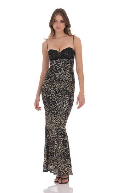 Lucy in the Sky Lace Bust Maxi Dress in Cheetah Print