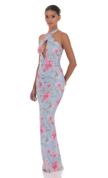 Lucy in the Sky Floral Cutout Halter Maxi Dress in Blue