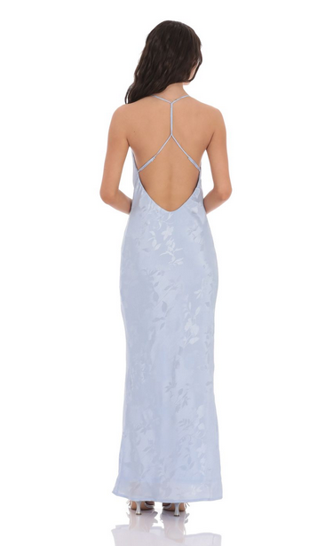 Lucy in the Sky Floral Jacqaurd Cowl Neck Maxi Dress in Light Blue