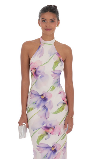 Lucy in the Sky Floral Mock Neck Maxi Dress in White