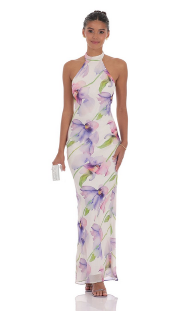 Lucy in the Sky Floral Mock Neck Maxi Dress in White
