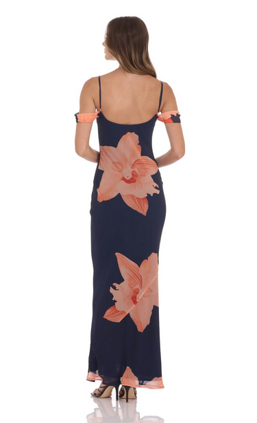 Lucy in the Sky Orange Floral Off Shoulder Maxi Dress in Navy