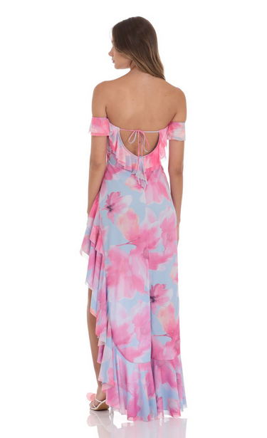 Lucy in the Sky Off Shoulder Floral Maxi Dress in Pink and Blue