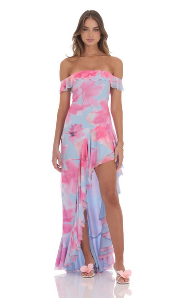 Lucy in the Sky Off Shoulder Floral Maxi Dress in Pink and Blue
