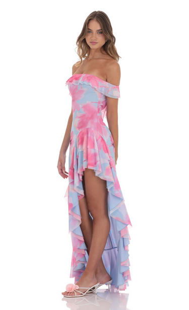 Lucy in the Sky Off Shoulder Floral Maxi Dress in Pink and Blue