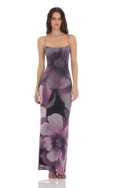 Lucy in the Sky Floral Mesh Bodycon Maxi Dress in Purple