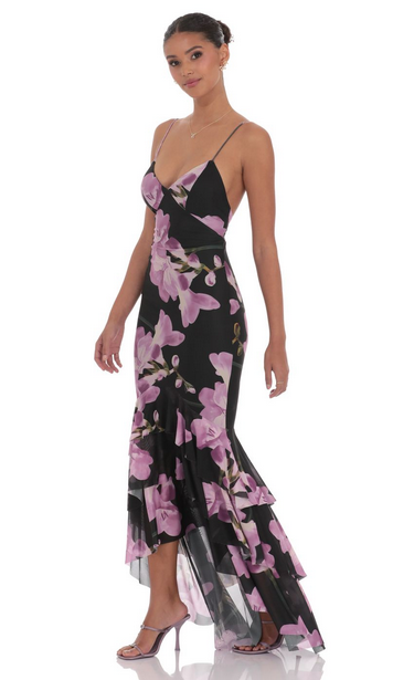 Lucy in the Sky Mesh Floral Ruffle Fishtail Maxi Dress in Black