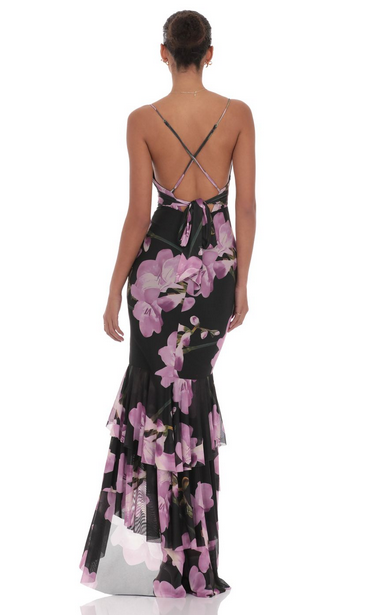 Lucy in the Sky Mesh Floral Ruffle Fishtail Maxi Dress in Black