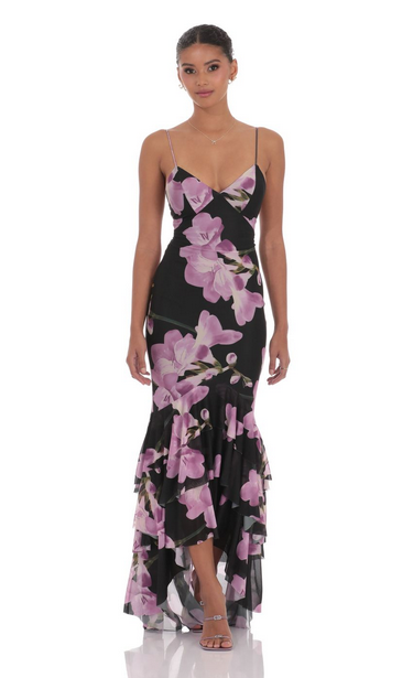 Lucy in the Sky Mesh Floral Ruffle Fishtail Maxi Dress in Black