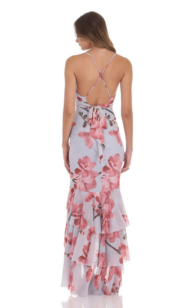 Lucy in the Sky Mesh Floral Ruffle Fishtail Maxi Dress in Blue