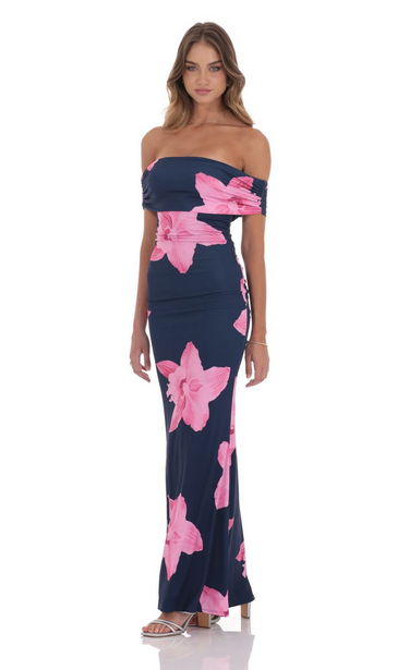 Lucy in the Sky Off Shoulder Pink Floral Maxi Dress in Navy