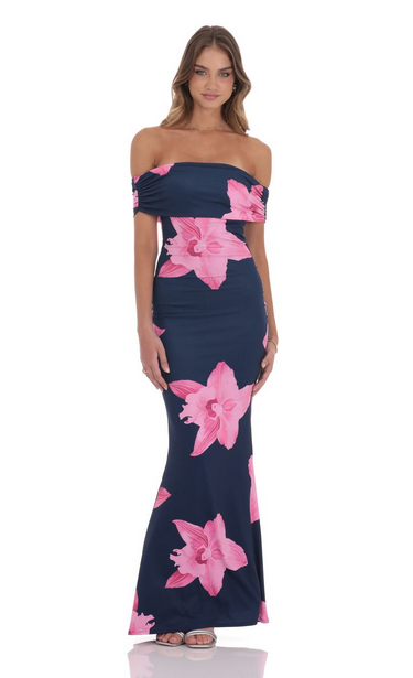 Lucy in the Sky Off Shoulder Pink Floral Maxi Dress in Navy