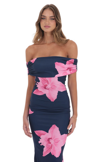 Lucy in the Sky Off Shoulder Pink Floral Maxi Dress in Navy