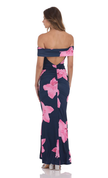 Lucy in the Sky Off Shoulder Pink Floral Maxi Dress in Navy