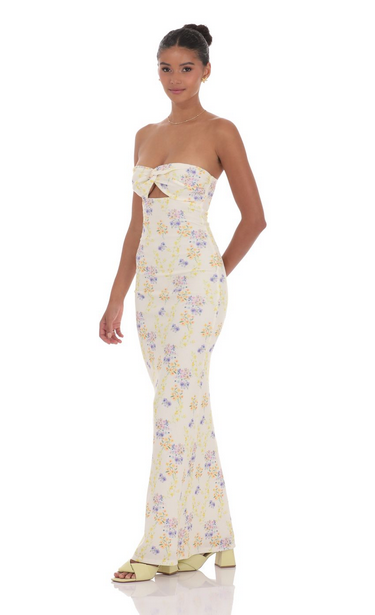 Lucy in the Sky Floral Ribbed Cutout Twist Maxi Dress in Yellow