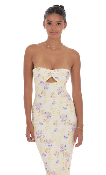 Lucy in the Sky Floral Ribbed Cutout Twist Maxi Dress in Yellow