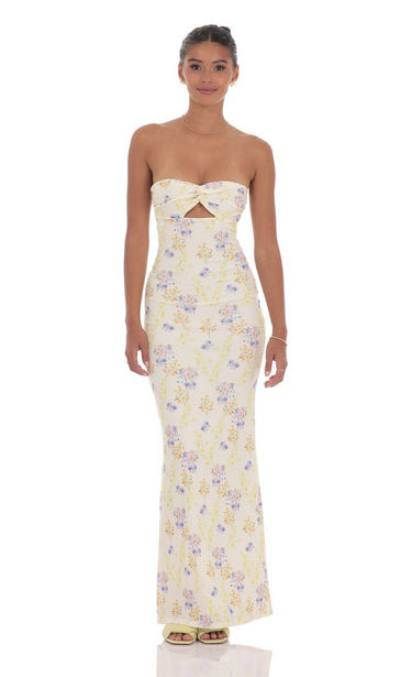 Lucy in the Sky Floral Ribbed Cutout Twist Maxi Dress in Yellow
