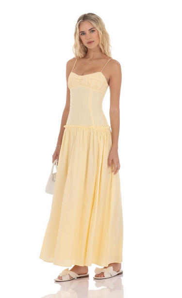Lucy in the Sky Embroidered Striped Maxi Dress in Yellow