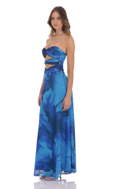 Lucy in the Sky Mesh Floral Cutout Maxi Dress in Blue