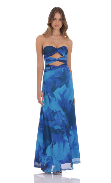 Lucy in the Sky Mesh Floral Cutout Maxi Dress in Blue